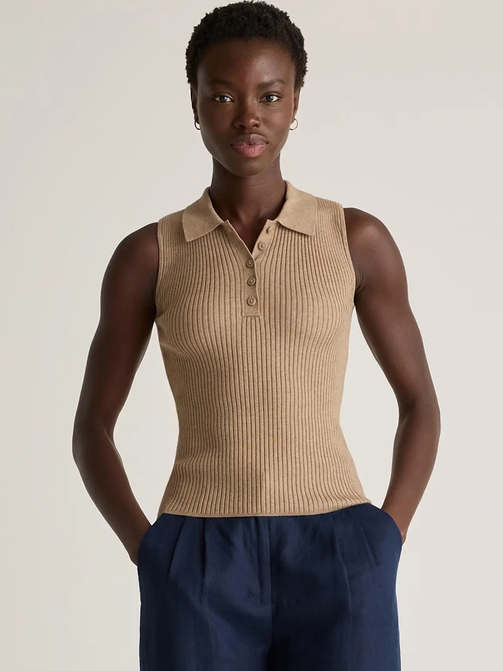 Quince Ribbed Polo Tank in Grey, Size Medium, EUC